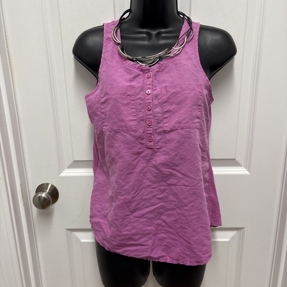 LOFT Tops - Loft Ann Taylor Women's Mixed Media Cotton Linen Henley Tank‎ Magenta - Size XS